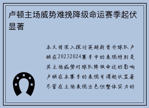 卢顿主场威势难挽降级命运赛季起伏显著