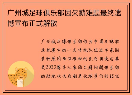 广州城足球俱乐部因欠薪难题最终遗憾宣布正式解散