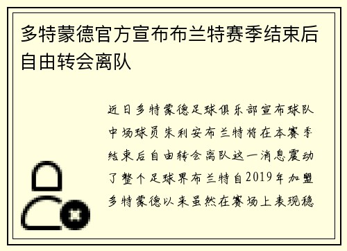 多特蒙德官方宣布布兰特赛季结束后自由转会离队
